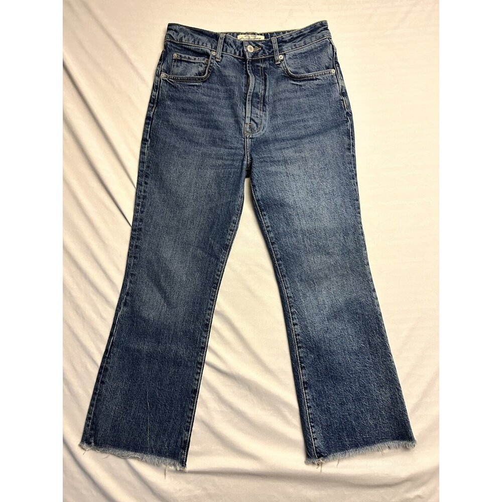 Free People Jeans Women’s Size 27 Raw Hem Button Fly Blue Distressed High Waist